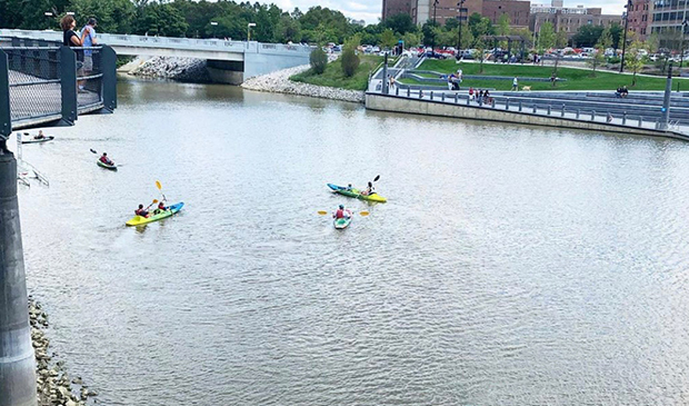 Riverfront park at the Landing in Fort Wayne